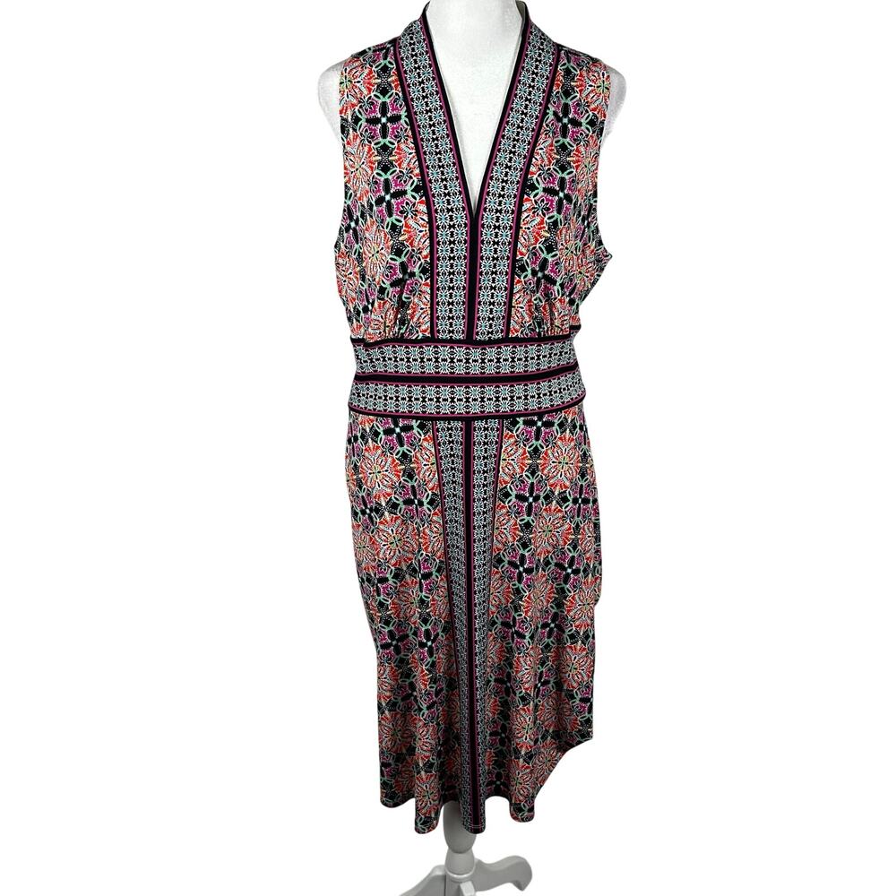 London Times Women Multicolor V neck Sleeveless Dress Size 14 Stretch